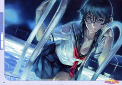 Rule 34 | 1girl, absurdres, black hair, blue eyes, braid, breasts, chain-link fence, cleavage, collarbone, dutch angle, female focus, fence, glasses, hair over shoulder, highres, long hair, looking at viewer, night, nishieda, pool, pool ladder, scan, school uniform, serafuku, skirt, small breasts, smile, solo, twin braids, water, wet, wet clothes