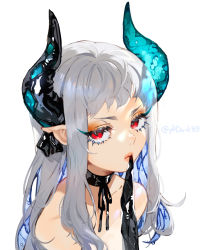 Rule 34 | 1girl, absurdres, aqua horns, black choker, black gloves, black ribbon, blue hair, choker, collarbone, dripping, gloves, grey hair, highres, horns, long hair, multicolored hair, neck ribbon, original, pointy ears, portrait, red eyes, ribbon, simple background, solo, transparent, twitter username, type-alpha, upper body, water, water drop, wet, white background