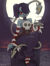 Rule 34 | 1girl, bare shoulders, blue hair, blue skin, breasts, colored skin, crybringer, detached sleeves, dress, grave, graveyard, hair over one eye, leviathan (skullgirls), monster girl, red eyes, side ponytail, skull, skullgirls, smile, squigly (skullgirls), stitched mouth, stitches, yellow eyes, zombie