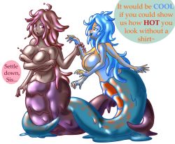 Rule 34 | 2girls, breasts, covering privates, covering breasts, doodledowd, embarrassed, extra arms, lamia, monster girl, multiple girls, slime girl, smile