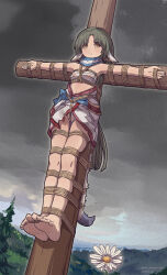 Rule 34 | 1girl, absurdres, ainu clothes, angry, animal ears, artist name, bare legs, barefoot, bdsm, bondage, bound, bound toes, chest sarashi, clenched teeth, clothes lift, cloud, cloudy sky, covered erect nipples, crotch rope, crucifixion, eruruu, flower, forest, green hair, highres, long hair, looking at viewer, nature, nero augustus, panties, sarashi, see-through, shibari, sidelocks, sky, soles, tail, teeth, underwear, utawarerumono, yellow eyes