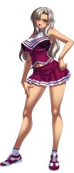 Rule 34 | 1girl, absurdres, adjusting clothes, bare arms, bare legs, bare shoulders, bishop (company), blonde hair, breasts, cheerleader, curvy, dark-skinned female, dark skin, disgust, female focus, fingernails, full body, game cg, grey hair, hand on own hip, highres, kagami hirotaka, large breasts, lips, long hair, mesu kyoushi 3, miniskirt, mizusawa chisato, mole, mole under eye, navel, open mouth, shiny skin, shoes, skirt, sneakers, solo, transparent background, wide hips, yellow eyes