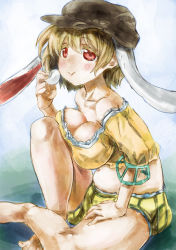 Rule 34 | 1girl, :t, animal ears, bare shoulders, belly, blush, breast press, breasts, brown hat, crop top, eating, extra ears, food, hat, indian style, large breasts, looking at viewer, mochi, navel, plump, rabbit ears, red eyes, ringo (touhou), short hair, short shorts, shorts, sitting, solo, touhou, wagashi, yohane