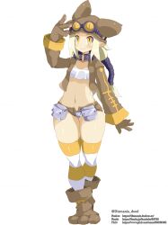 Rule 34 | 1girl, absurdres, blonde hair, blush, boots, breasts, brown footwear, disgaea, dismania (xenoman), full body, gloves, goggles, goggles on head, highres, jacket, long hair, looking at viewer, navel, small breasts, smile, solo, striped, thief (disgaea), thighhighs, yellow eyes