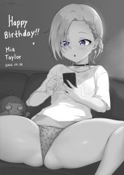 Rule 34 | 1girl, artist name, ass, blue eyes, blush, bra strap, breasts, cellphone, choker, collarbone, earrings, greyscale, happy birthday, highres, holding, holding phone, jewelry, love live!, love live! nijigasaki high school idol club, mia taylor, monochrome, panties, parted lips, phone, shiny skin, shirt, short hair, short sleeves, signature, small breasts, smartphone, solo, thick thighs, thighs, translation request, underwear, unsfrau, wet, wet clothes, wet shirt