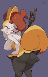 Rule 34 | 1girl, absurdres, animal ear fluff, animal ears, animal nose, artist name, ass, black fur, blush, body fur, braixen, breast expansion, breasts, chromatic aberration, creatures (company), fang, female focus, fox ears, fox girl, fox tail, from behind, furry, furry female, game freak, gen 6 pokemon, hand on own hip, highres, honey calamari, large breasts, leaning forward, looking back, neck fur, nintendo, nipples, open mouth, pokemon, pokemon (creature), purple background, red eyes, sideways mouth, signature, simple background, snout, solo, standing, stick, tail, white fur, yellow fur