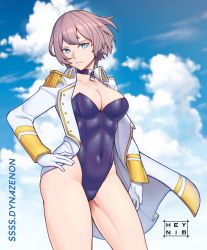 Rule 34 | 1girl, blue eyes, blue sky, breasts, choker, cleavage, cloud, commentary request, contrapposto, copyright name, cowboy shot, gloves, gridman universe, hand on own hip, heynim, highres, jacket, large breasts, leotard, looking at viewer, military jacket, mujina, open clothes, open jacket, playboy bunny, purple hair, purple leotard, short hair, sky, solo, ssss.dynazenon, strapless, strapless leotard, white gloves, white jacket