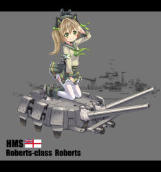 Rule 34 | 1girl, absurdres, animal ears, blonde hair, cat ears, character name, crab, english text, green eyes, highres, letterboxed, neckerchief, official art, photo background, pleated skirt, roberts (warship girls r), royal navy, salute, school uniform, serafuku, side ponytail, sirills, skirt, solo, thighhighs, turret, warship girls r, zhan jian shaonu