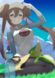 Rule 34 | 1girl, absurdres, arm behind back, arm up, black pantyhose, blush, bottle, breasts, brown hair, commentary request, creatures (company), day, double bun, eyelashes, from below, game freak, gen 5 pokemon, grass, grin, hair between eyes, hair bun, highres, komadera, long hair, looking at viewer, medium breasts, nintendo, outdoors, pantyhose, pantyhose under shorts, pokemon, pokemon (creature), pokemon bw2, raglan sleeves, rosa (pokemon), shorts, smile, snivy, teeth, twintails, very long hair, visor cap, water bottle, yellow shorts