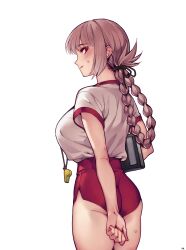 Rule 34 | 1girl, absurdres, ass, back, blush, braid, braided ponytail, breasts, buruma, fate/grand order, fate (series), florence nightingale (fate), folded ponytail, highres, large breasts, long hair, looking at viewer, looking back, mitsurugi sugar, pink hair, red buruma, red eyes, shirt, short sleeves, solo, whistle, white shirt