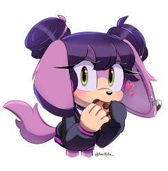 Rule 34 | 1girl, animal ear piercing, animal ears, artist name, black jacket, charu the dog, chocolate chip cookie, cookie, dog ears, dog tail, double bun, food, furry, furry female, green eyes, hair bun, heart, highres, holding, holding food, jacket, looking at viewer, original, purple fur, purple hair, short hair, simple background, solo, sonic (series), steffybs, tail, white background