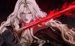 1boy alucard_(castlevania) artist_name ascot black_background black_gloves black_jacket castlevania_(netflix) castlevania_(series) colored_sclera flaming_sword flaming_weapon gloves grey_hair grey_lips hair_between_eyes highres holding holding_sword holding_weapon jacket long_hair looking_at_viewer male_focus pale_skin parted_bangs red_sclera solo sword upper_body viccerys wavy_hair weapon white_ascot yellow_eyes