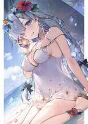 Rule 34 | 1girl, anastasia (fate), anastasia (swimsuit archer) (fate), anastasia (swimsuit archer) (second ascension) (fate), bare shoulders, beach, blue eyes, blush, bow, braid, breasts, collarbone, dress, dress swimsuit, fate/grand order, fate (series), flower wreath, hair bow, hair over one eye, head wreath, highres, large breasts, long hair, looking at viewer, shore, slippers, smile, sundress, thighs, twin braids, very long hair, vivi (eve no hakoniwa), white dress, white hair