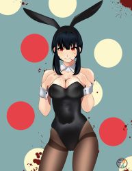 Rule 34 | 1girl, alternate costume, animal ears, artist logo, black hair, black leotard, blood, blood on breasts, blood on face, blood splatter, breasts, brown pantyhose, cameltoe, cleavage, closed mouth, covered navel, detached collar, fake animal ears, hands on own chest, highres, komaru chan, large breasts, leotard, looking at viewer, medium hair, pantyhose, playboy bunny, polka dot, polka dot background, rabbit ears, red eyes, short hair with long locks, skindentation, smile, solo, spy x family, thighband pantyhose, thighs, wrist cuffs, yor briar