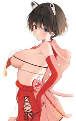 Rule 34 | 1girl, animal ear fluff, animal ears, bare shoulders, black hair, blue archive, blue eyes, blush, bow, bowtie, breasts, commentary request, dorok, elbow gloves, gloves, highres, looking at viewer, medium breasts, midriff, parted lips, pleated skirt, red gloves, red skirt, revealing clothes, rope, rope belt, sailor collar, short hair, sideboob, simple background, skirt, solo, tsubaki (blue archive)