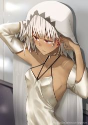 Rule 34 | 1girl, a:n (angrynum), altera (fate), altera (formal dress) (fate), bare shoulders, black nails, blunt bangs, blush, breasts, choker, collarbone, commentary, dark-skinned female, dark skin, detached sleeves, dress, fate/grand order, fate (series), fingernails, hands in hair, headdress, heroic spirit formal dress, indoors, jewelry, looking down, nail polish, open mouth, red eyes, shiny floor, short hair, silver dress, sleeveless, sleeveless dress, small breasts, solo, tan, tattoo, upper body, veil, white hair