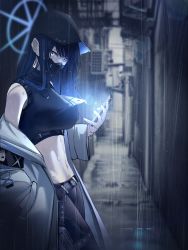 Rule 34 | 1girl, absurdres, alley, armband, bare shoulders, baseball cap, belt, black hair, black hat, black mask, black pants, black shirt, blue archive, blue eyes, breasts, buckle, cellphone, chest harness, coat, commentary, cowboy shot, crop top, groin, halo, hand in pocket, harness, hat, highres, holding, holding phone, holster, knife, knife sheath, lens flare, long hair, long sleeves, looking at viewer, mask, medium breasts, midriff, mouth mask, navel, off shoulder, open clothes, open coat, outdoors, pants, phone, rain, runa (user guwn7382), saori (blue archive), sheath, shirt, sidelocks, sleeveless, sleeveless shirt, smartphone, snap-fit buckle, solo, standing, thigh holster, underbust, water drop, wet, wet hair, wet hat, white coat