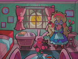 Rule 34 | 1boy, 1girl, apron, bed, bedroom, blonde hair, blue dress, bow, carpet, cup, curtains, dark konoha, doll house, dress, frilled dress, frills, green theme, hairband, highres, kagerou project, konoha (kagerou project), kozakura marry, long sleeves, looking at viewer, pink bow, pink eyes, pink hairband, red theme, roomscape, scared, shaded face, sweat, table, teacup, teapot, tonkatsu184, white apron, window