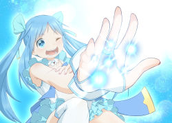 Rule 34 | 1girl, ahoge, blue eyes, blue hair, bow, commentary request, detached collar, fingerless gloves, frills, gloves, hair bow, hair ribbon, haragon, long hair, magical girl, one eye closed, open mouth, original, reaching, reaching towards viewer, ribbon, sleeveless, solo, teeth, thighhighs, twintails, white gloves, white thighhighs