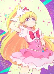 Rule 34 | 1girl, asahina mirai, ayatori (sensei heroism), blonde hair, cure miracle, gloves, hand on own hip, hat, long hair, looking at viewer, magical girl, mahou girls precure!, mini hat, mini witch hat, pink skirt, precure, purple eyes, skirt, solo, sparkle, white gloves, witch hat