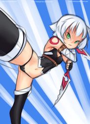 Rule 34 | 1girl, angry, bandaged arm, bandages, black gloves, black panties, black shirt, black thighhighs, blue background, breasts, dagger, drantyno, dual wielding, fate/apocrypha, fate (series), fingerless gloves, gloves, green eyes, highres, holding, jack the ripper (fate/apocrypha), kicking, knife, midriff, navel, panties, shirt, short hair, shoulder tattoo, sleeveless, sleeveless shirt, small breasts, standing, standing on one leg, tattoo, teeth, thighhighs, underwear, weapon, white hair