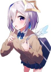Rule 34 | 1girl, alternate costume, amane kanata, angel, angel wings, bag, blue hair, blue skirt, collared shirt, colored inner hair, finger to mouth, fragir, grey hair, hair intakes, halo, highres, hololive, looking at viewer, looking to the side, multicolored hair, open mouth, purple eyes, school bag, school uniform, shirt, short hair, skirt, standing, star halo, sweater, virtual youtuber, white background, white shirt, wings