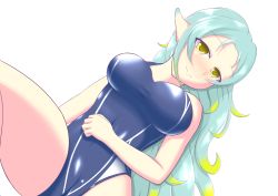 Rule 34 | 1girl, bare shoulders, blue hair, breasts, highres, long hair, muzet (tales), pointy ears, smile, swimsuit, tales of (series), tales of xillia, yellow eyes