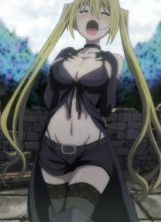 Rule 34 | 10s, 1girl, blonde hair, blush, boots, breasts, cleavage, closed eyes, highres, large breasts, lieselotte sherlock, moaning, saliva, screencap, solo, thigh boots, thighhighs, trinity seven, twintails