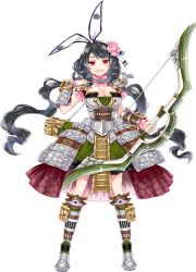 Rule 34 | &gt;:d, 1girl, :d, arrow (projectile), black hair, bow (weapon), breasts, cleavage, copyright name, drill hair, flower, full body, hair flower, hair ornament, holding, holding bow (weapon), holding weapon, komakiyama (oshiro project), large breasts, official art, open mouth, oshiro project:re, oshiro project:re, quiver, red eyes, ririkuto, skirt, sleeve cuffs, sleeveless, smile, solo, transparent background, twin drills, twintails, v-shaped eyebrows, wavy hair, weapon