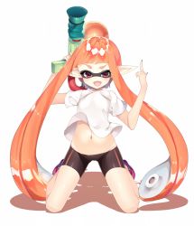 Rule 34 | 1girl, :d, bike shorts, cameltoe, eyebrows, fang, full body, highres, impossible clothes, impossible shirt, inkling, inkling girl, inkling player character, kneeling, kuro guren, long hair, matching hair/eyes, middle finger, monster girl, nail polish, navel, nintendo, open mouth, orange eyes, orange hair, pointy ears, red eyes, shirt, shoes, short hair with long locks, simple background, smile, sneakers, solo, splatoon (series), splatoon 1, splattershot (splatoon), super soaker, tentacle hair, twintails, white background