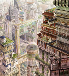 Rule 34 | architecture, brick wall, checkered floor, cityscape, column, east asian architecture, mashiro1023, no humans, original, outdoors, pillar, scenery, tree