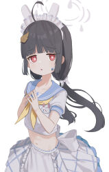 1girl absurdres ahoge animal_ears apron bandaid bandaid_on_face black_hair blue_archive fake_animal_ears grey_halo halo highres leaf leaf_on_head long_hair maid_headdress miyu_(blue_archive) navel neckerchief nyune rabbit_ears red_eyes simple_background skirt solo waist_apron white_background white_skirt yellow_neckerchief