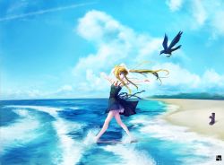 Rule 34 | 00s, 1girl, absurdres, air (visual novel), barefoot, beach, bird, black footwear, blonde hair, blue eyes, boots, unworn boots, bow, cloud, club3, cross-laced footwear, crow, day, hair bow, highres, kamio misuzu, knee boots, lace-up boots, landscape, long hair, looking back, ocean, outdoors, outstretched arms, ponytail, school uniform, shoes, unworn shoes, skirt, sky, smile, solo, sora (air), spread arms, wading, water