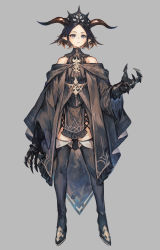 Rule 34 | 1girl, absurdres, armor, bare shoulders, black armor, black cloak, black footwear, black hair, blue eyes, boots, brown hair, claw (weapon), clawed gauntlets, cloak, closed mouth, frills, grey background, high heel boots, high heels, highres, horns, long sleeves, looking at viewer, multicolored hair, off shoulder, original, painterly, pointy ears, short hair, simple background, solo, standing, thigh boots, tiara, turtleneck, weapon, wide sleeves, yanyan (shinken gomi)