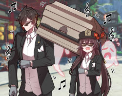 Rule 34 | 1boy, 1girl, :d, absurdres, alternate costume, black-framed eyewear, black headwear, black jacket, black pants, blazer, blurry, boo tao (genshin impact), brown hair, coffin, collared shirt, dancing pallbearers (meme), depth of field, earrings, flower, genshin impact, ghost, gloves, gradient hair, grey gloves, hat, hat flower, hayarob, height difference, highres, hu tao (genshin impact), jacket, jewelry, long hair, long sleeves, looking at viewer, meme, motion lines, multicolored hair, musical note, open clothes, open jacket, open mouth, outdoors, pants, plum blossoms, red eyes, shirt, short hair, smile, standing, star-shaped pupils, star (symbol), sunglasses, sweatdrop, symbol-shaped pupils, twintails, v-shaped eyebrows, very long hair, white shirt, zhongli (genshin impact)