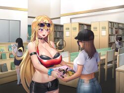 4girls ass baseball_cap blonde_hair book breasts brown_hair casual cleavage curvy dark_skin demon_girl denim disguise fangs fingerless_gloves francis_(taimanin_asagi) game_cg gloves grin gyaru happy hat holding holding_book holding_magazine horns huge_breasts indoors large_breasts lilith-soft long_hair looking_at_another magazine_(object) micro_shorts multiple_girls official_art saijou_satoru school_uniform sharp_teeth shiny_skin shirt shorts smile standing sunglasses sunglasses_on_head taimanin_(series) taimanin_rpgx tank_top teeth tekkain_koharu very_long_hair white_shirt wide_hips