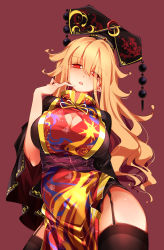 Rule 34 | 1girl, absurdres, adapted costume, black hat, black thighhighs, blonde hair, blush, breasts, chinese clothes, cleavage, cleavage cutout, clothing cutout, eyes visible through hair, garter straps, hair between eyes, hat, head tilt, highres, junko (touhou), large breasts, long hair, looking at viewer, pointy ears, raptor7, red background, red eyes, simple background, solo, tabard, thighhighs, touhou, wavy hair