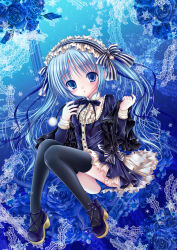 Rule 34 | 1girl, blue background, blue eyes, blue hair, blue theme, blush, dress, flower, full body, hairband, lace, lolita hairband, long hair, long sleeves, looking at viewer, mubi alice, nail polish, neck ribbon, original, panties, parted lips, ribbon, rose, solo, thighhighs, twintails, underwear, very long hair