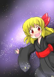 Rule 34 | 1girl, alternate costume, blonde hair, commentary, fang, gaoo (frpjx283), hair ribbon, highres, japanese clothes, kimono, looking at viewer, night, red eyes, ribbon, rumia, shooting star, sky, solo, star (sky), starry sky, touhou