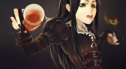 Rule 34 | 1girl, alice: madness returns, alice (alice in wonderland), alice in wonderland, alice liddell (american mcgee&#039;s alice), american mcgee&#039;s alice, black hair, breasts, cheshire cat (alice in wonderland), dress, fingerless gloves, gloves, green eyes, highres, kasoke (691123), long hair, looking at viewer, nail polish, solo, teapot