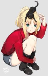 Rule 34 | &gt;:), 1girl, animal, animal on head, belt, black cat, black footwear, blonde hair, boots, braid, cat, cat on head, closed mouth, collarbone, colored sclera, denim, denim shorts, fate/grand order, fate (series), from side, full body, green eyes, grey background, highres, hugging own legs, long sleeves, mordred (fate), mordred (fate/apocrypha), mordred (memories at trifas) (fate), mugcup, on head, open clothes, open shirt, partially colored, ponytail, red shirt, shirt, short shorts, shorts, signature, simple background, sitting, slit pupils, v-shaped eyebrows, yellow sclera