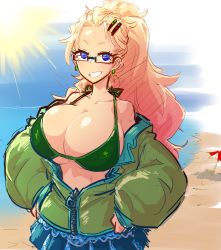Rule 34 | 1girl, beach, bikini, bikini top only, bikini under clothes, blonde hair, blue eyes, breasts, cleavage, earrings, glasses, green shirt, hair ornament, hairpin, hand on own hip, highres, jacket, jewelry, large breasts, long hair, looking at viewer, open clothes, original, ponytail, risk hunters, shirt, skirt, smile, solo, standing, swimsuit, tenk