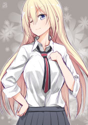 Rule 34 | 10s, 1girl, alternate costume, bismarck (kancolle), black skirt, blonde hair, collared shirt, floral background, gradient background, hand on own hip, hand on own chest, kantai collection, long hair, looking at viewer, necktie, one eye closed, pleated skirt, purple eyes, school uniform, shirt, skirt, sleeves rolled up, smile, solo, upper body, weshika, white shirt
