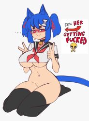 Rule 34 | ..., 1girl, :&gt;, animal ears, bell, black thighhighs, blue hair, bottomless, breasts, cat ears, cat girl, cat tail, choker, closed mouth, commentary, cropped shirt, doce, double v, english commentary, female focus, freckles, full body, glasses, hair ornament, hair ribbon, half-closed eyes, jingle bell, navel, navel piercing, neckerchief, original, piercing, pink eyes, ribbon, sailor collar, school uniform, seiza, shirt, short hair, short twintails, simple background, sitting, solo, tail, thighhighs, twintails, underboob, v, white background, white shirt, xiao (docecaedrus)
