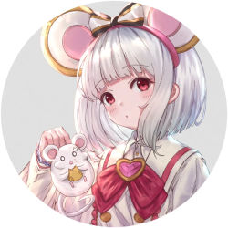 Rule 34 | 1girl, :&lt;, :o, ^^^, animal, animal ears, blush, bow, brooch, cheese, collared shirt, commentary request, eating, food, food on face, granblue fantasy, grey hair, heart, heart brooch, holding, holding animal, holding food, jewelry, mouse (animal), mouse ears, o o, parted lips, red bow, red eyes, shirt, solo, striped, striped bow, triangle mouth, vikala (granblue fantasy), wang man, white shirt