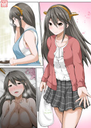 Rule 34 | 10s, 1girl, apron, bag, blush, bra, unworn bra, breasts, brown eyes, casual, commentary request, cooking, covering privates, covering breasts, grey hair, hair between eyes, hands up, haruna (kancolle), headgear, unworn headgear, heavy breathing, highres, implied sex, jewelry, kantai collection, ladle, large breasts, long hair, looking at viewer, multiple views, aged up, on bed, open mouth, outstretched arm, plastic bag, ring, shopping bag, skirt, sleeveless, smile, sweater, underwear, wedding band, yano toshinori