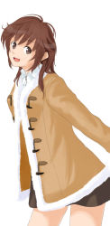 Rule 34 | 1girl, amagami, brown eyes, brown hair, coat, deca, highres, sakurai rihoko, short hair, skirt, solo, toggles
