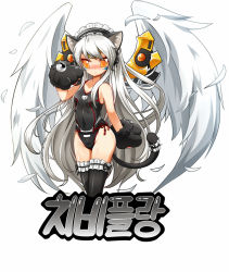 Rule 34 | 1girl, animal ears, animal hands, bad id, bad pixiv id, bell, black thighhighs, blush, cat ears, cat tail, elsword, eve (elsword), expressionless, jingle bell, korean text, long hair, maid headdress, paw pose, poseich, solo, swimsuit, tail, thighhighs, white background, white hair, white wings, wings, yellow eyes