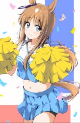 1girl animal_ears bike_shorts blue_eyes blush breasts brown_hair cheerleader collarbone commentary_request grass_wonder_(umamusume) horse_ears horse_girl horse_tail long_hair looking_at_viewer midriff navel pom_pom_(cheerleading) simple_background small_breasts smile tail tanaka_wonder umamusume