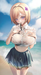 Rule 34 | 1girl, absurdres, bad id, bad pixiv id, beach, blonde hair, blue skirt, blurry, blurry background, blush, breast suppress, breasts, button gap, cloud, cloudy sky, collared shirt, covered erect nipples, cowboy shot, crop top, embarrassed, hair intakes, hallo (rltkdydrltk), head tilt, highres, large breasts, leaning forward, lens flare, looking at viewer, miniskirt, mouth hold, navel, neck ribbon, neck ribbon removed, nipples, ocean, original, pleated skirt, purple eyes, ribbon, see-through, shirt, short hair, short sleeves, skirt, sky, swept bangs, wet, wet clothes, white shirt